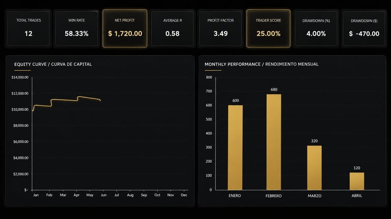 Financial dashboard showing investment metrics with total return 12%, win rate 58.33%, net profit $1,720, and equity curve graph alongside monthly performance bar chart.
