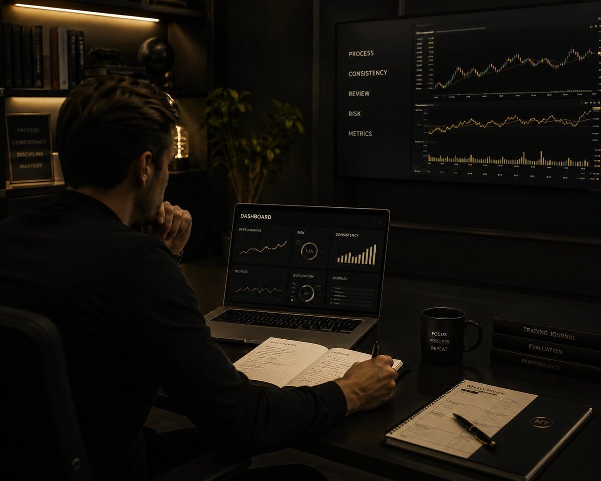Man analyzing financial data on laptop and monitors displaying charts and graphs at dark workspace desk