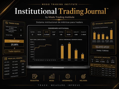 Institutional Trading Journal dashboard by Modo Trading Institute showing trader metrics, performance statistics, and trading analysis charts with gold accents on black background
