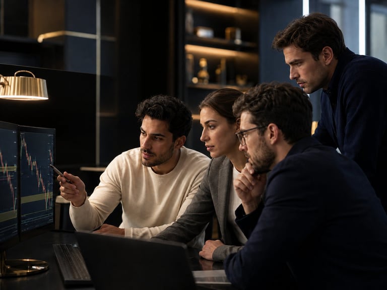 Four business professionals reviewing financial data on a computer screen in a modern office setting at night.