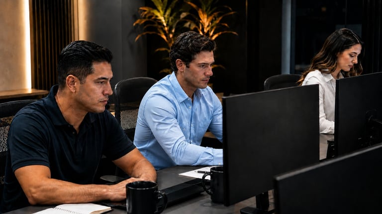 Three professionals working at computer monitors in a modern office with warm accent lighting and plants in background.