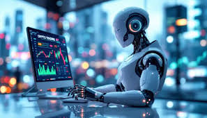 Robot analyzing financial data on computer screen with stock charts and cityscape in background