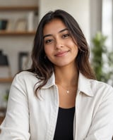 Young woman with long dark hair wearing a white button-up shirt over a black top, smiling at camera in a home office setting