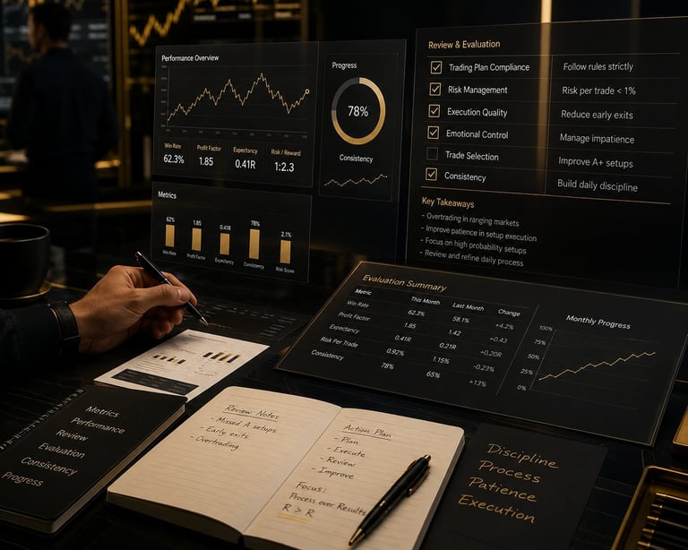 A businessman analyzes financial dashboard displays and handwritten notes on desk with multiple data charts, graphs, and performance metrics showing investment analysis and business planning