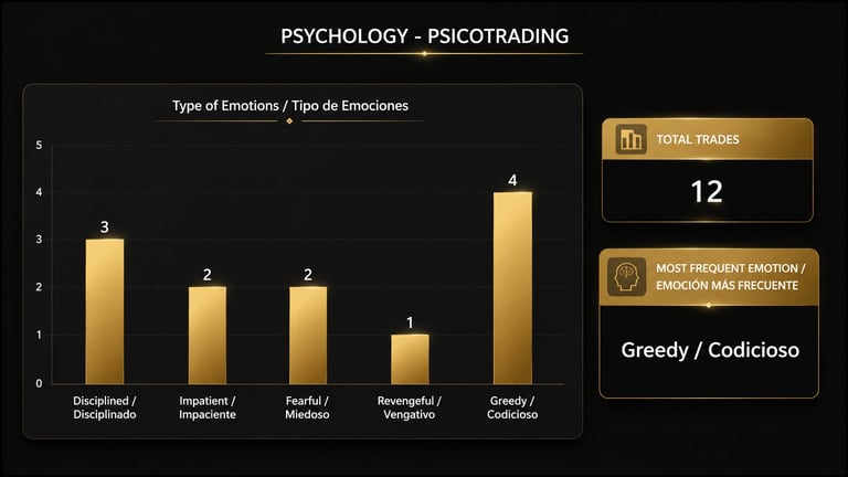 Bar chart showing 5 types of emotions in psychology, with Greedy/Codicioso being the most frequent emotion at a count of 4.