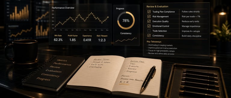Business dashboard with performance charts, open notebook, pen, and financial data displays on dark surface