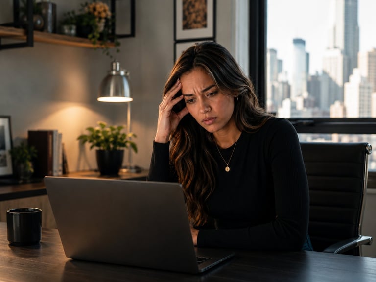 Woman in black blazer looking stressed while working on laptop at desk with city skyline visible through window behind her
