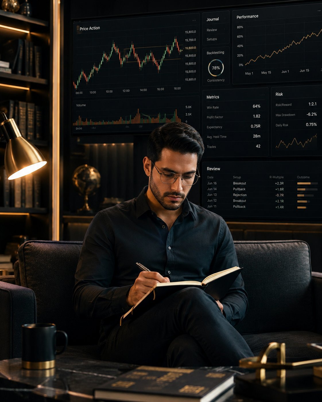 Trader profesional estudiando contenido educativo de trading intradía Nasdaq con pantallas de análisis y journal