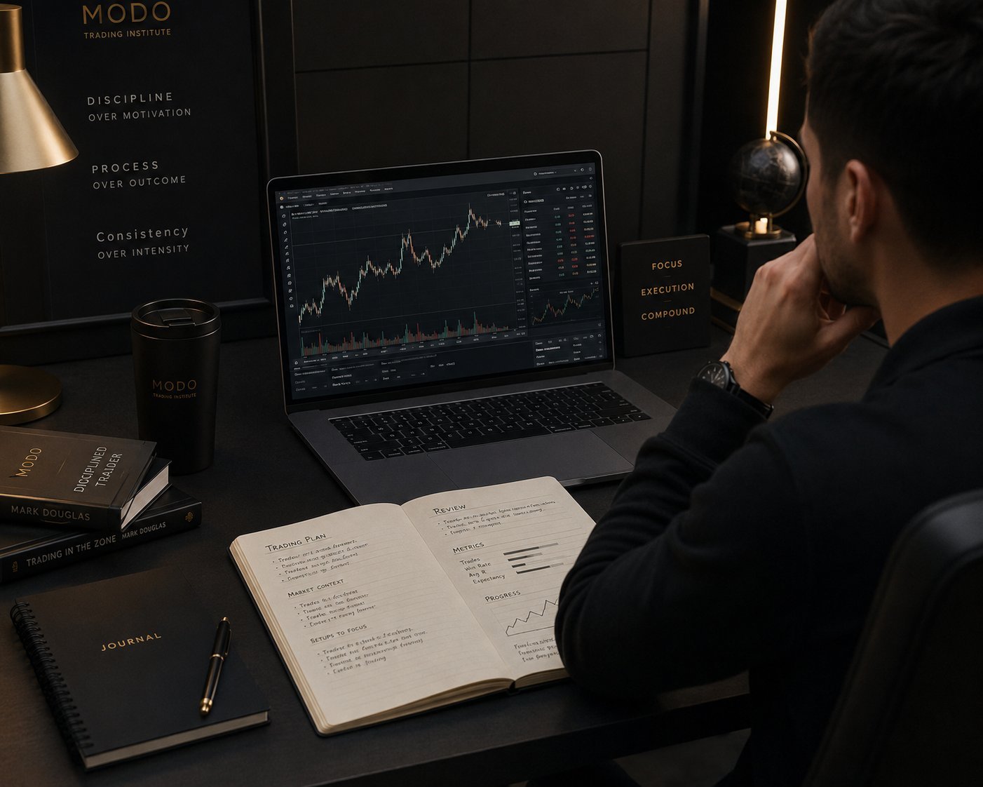 Professional man at desk studying financial charts on laptop with open notebook and planning materials in modern office
