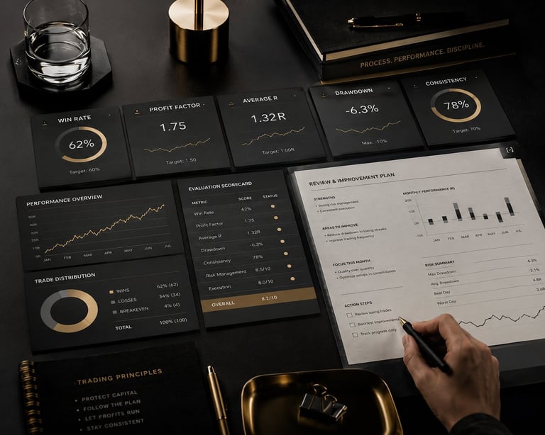 Professional analyzing financial dashboards and performance metrics on dark background with gold accents and business documents