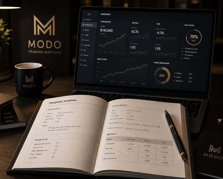 Trading desk setup with Modo logo, coffee mug, open trading journal, and laptop displaying financial charts and market data